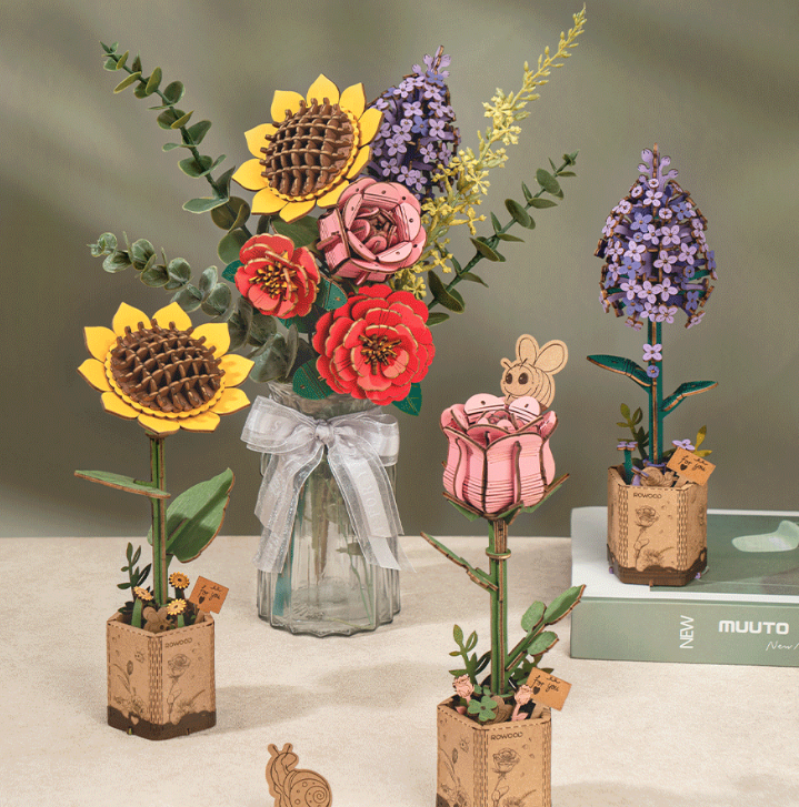 3D-puslespill av tre: Solsikke