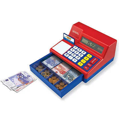Kassaapparat med kalkulator og lekepenger