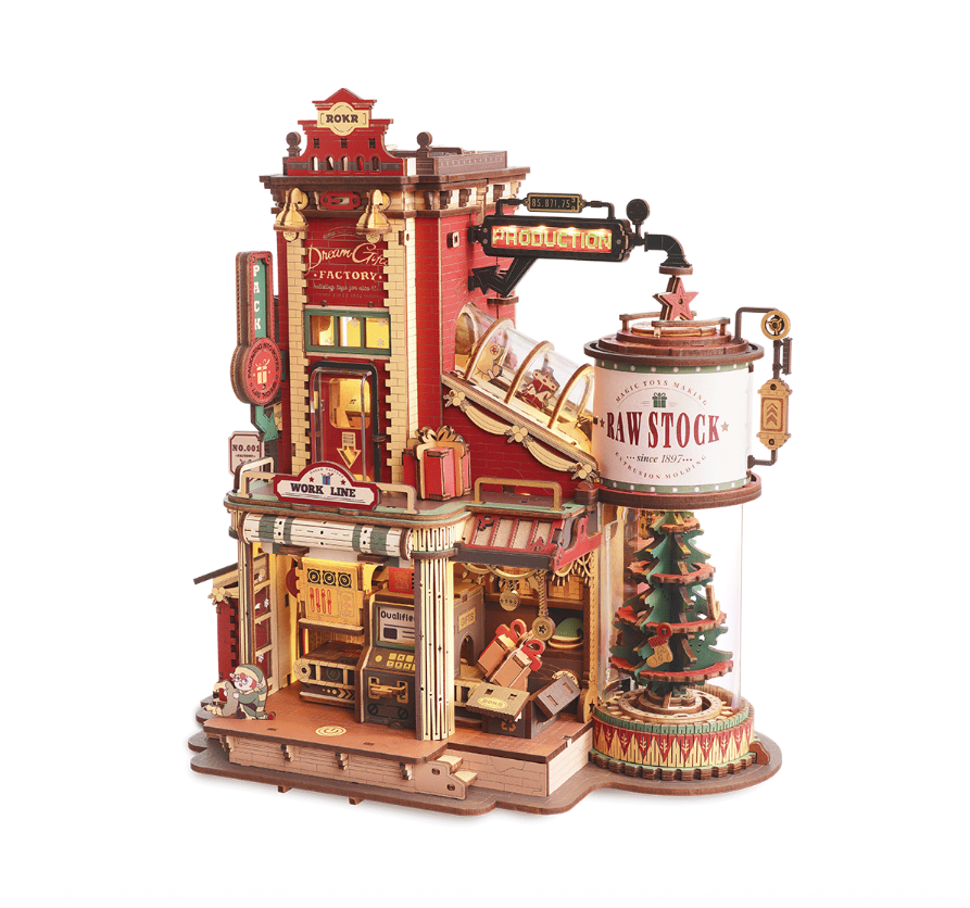 Robotime trebyggesett for voksne: Drømmenes gavefabrikk med spilledåse