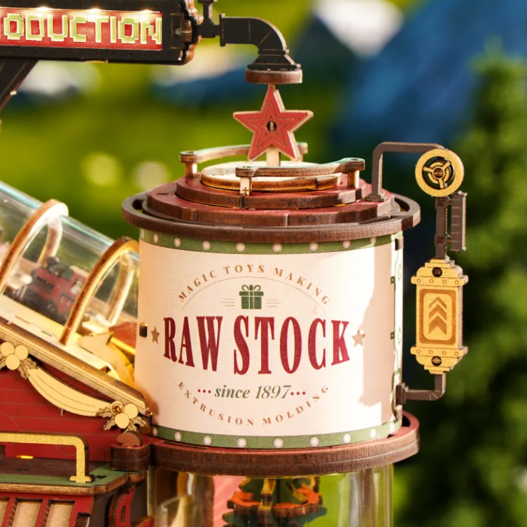 Robotime trebyggesett for voksne: Drømmenes gavefabrikk med spilledåse