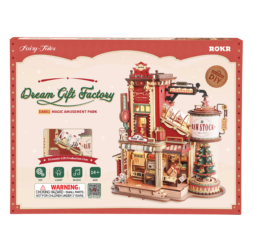 Robotime trebyggesett for voksne: Drømmenes gavefabrikk med spilledåse