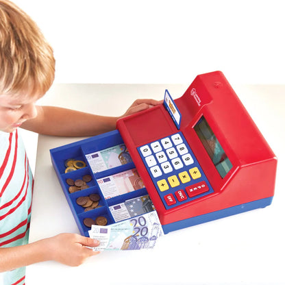 Kassaapparat med kalkulator og lekepenger