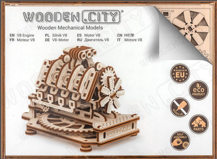 Wooden City byggesett av tre: V8-motor med bevegelige deler