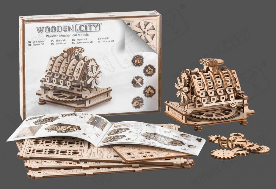 Wooden City byggesett av tre: V8-motor med bevegelige deler