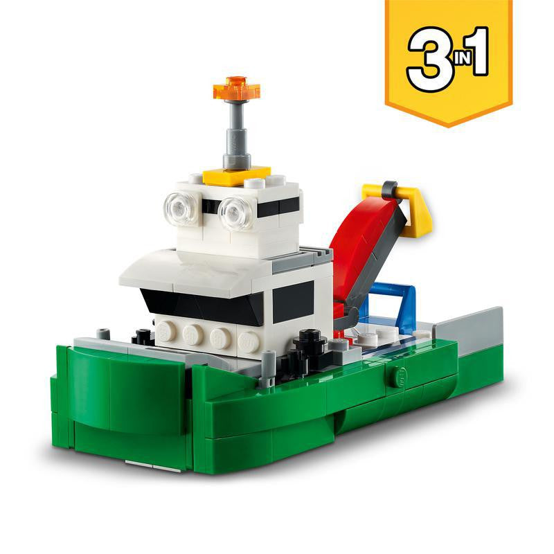 Lego Creator Trailer, racerbiler, slepebåt og kranbil